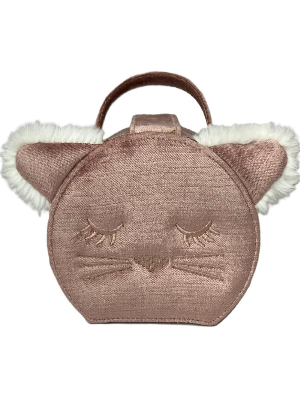 Pottery Barn Kids Pink Velvet Sleeping Kitty Cat Purse/Makeup Case with Mirror